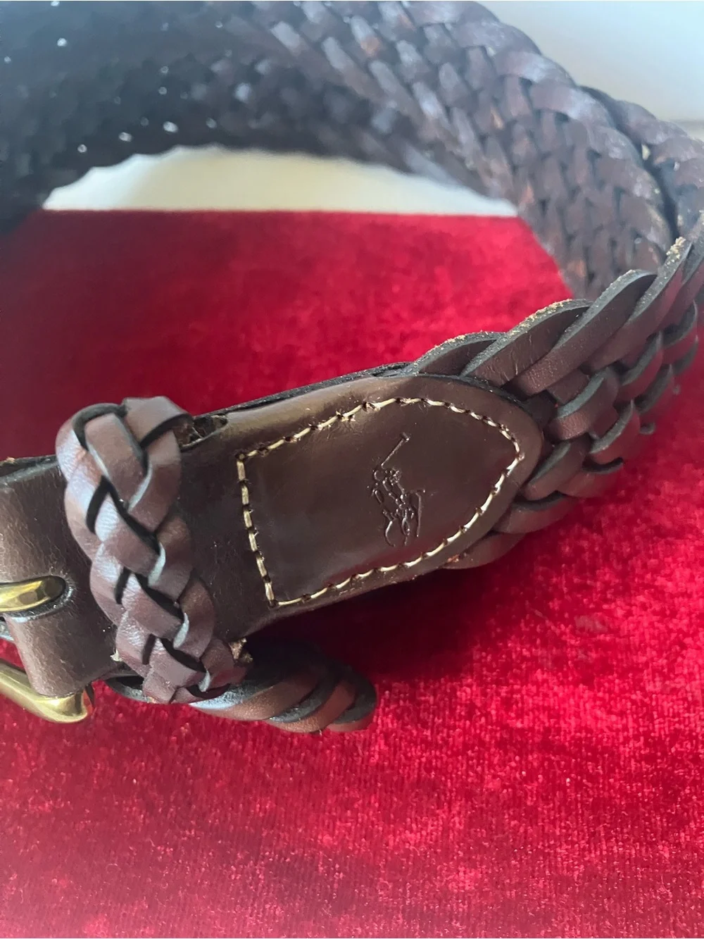 Ralph Lauren Dark Brown Leather Woven Belt Polo Player Logo 36.